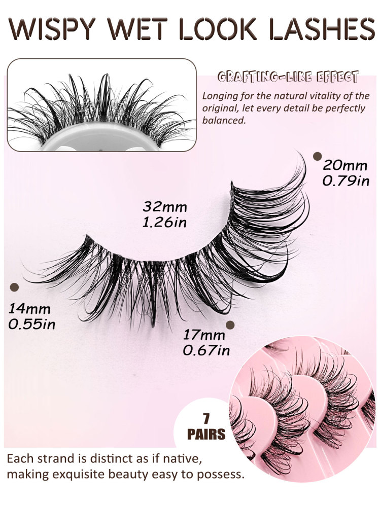 Asiteo 7 Pairs Manga Wispy Natural Wet Look Eyelashes Grafting-Like Effect Faux Mink Lashes Clear Band Y2K Style 3D Fluffy Long Style Cat Eye Natural And Dramatic Eyelash Extensions Makeup Tool