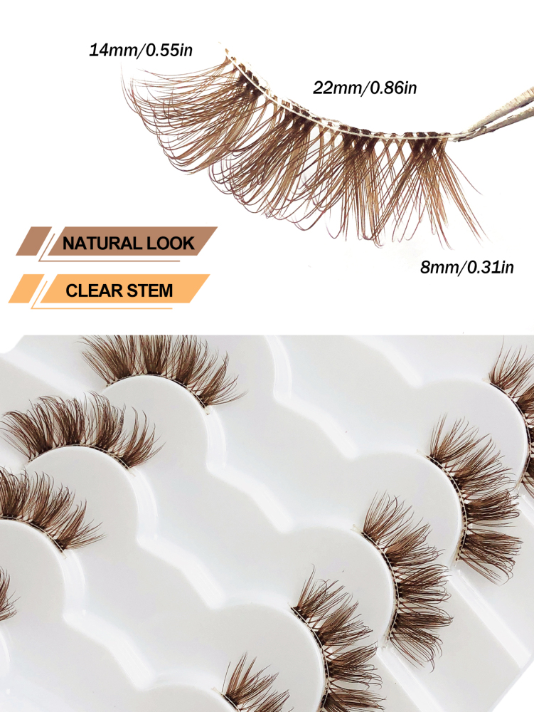 7 Pairs Brown Half Lashes With Clear Band Cat Eye Tail Elongated Eyelashes Natural Look Wispy Faux Mink Lashes Fluffy Soft False Eyelashes Natural Makeup,Suitable For Christmas Makeup,Christmas Gift