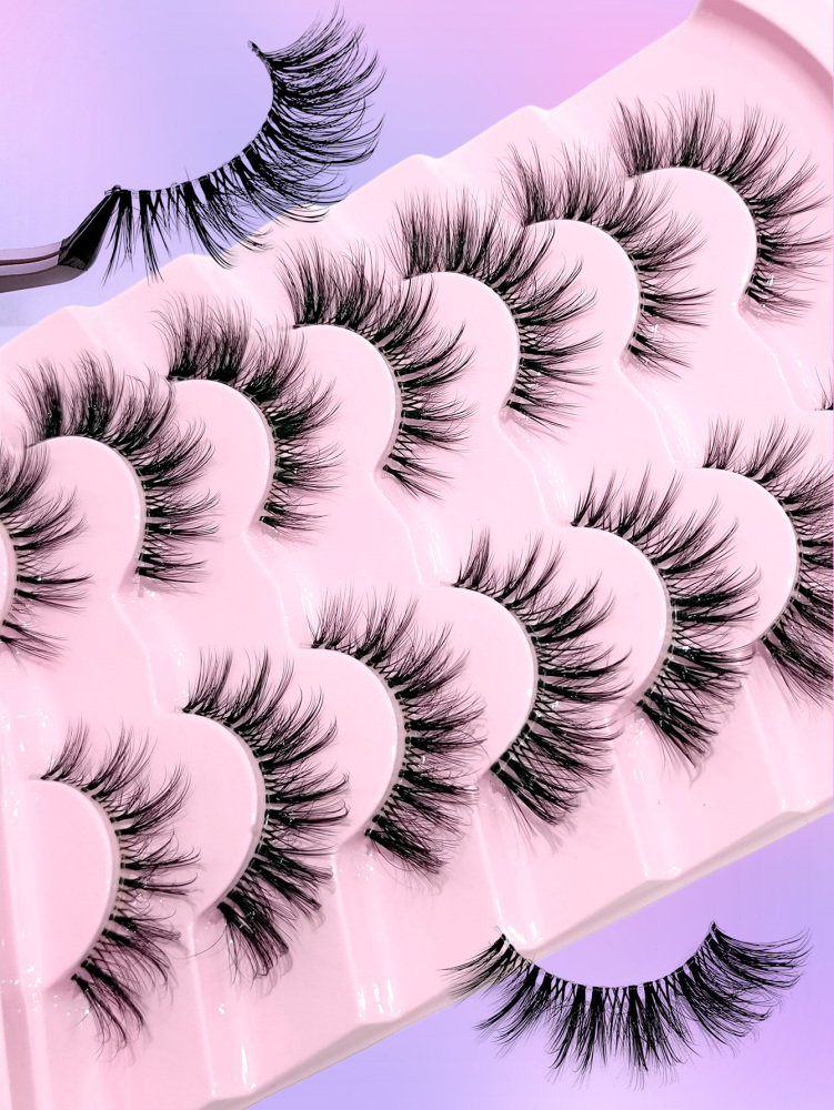 Asiteo Fluffy False Eyelashes 7 Pairs Natural Wispy Lashes Transparent band Faux mink Lashes Thick Soft Curly Lashes