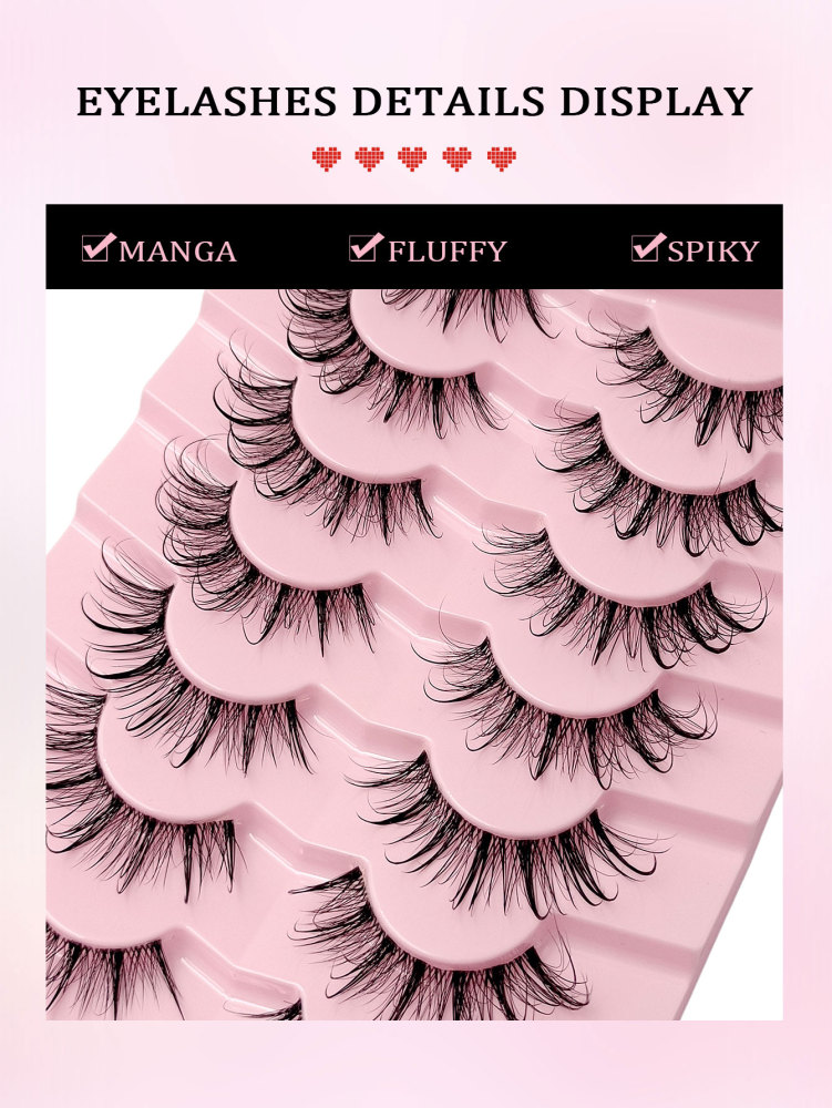 Asiteo 7 Pairs Manga Wispy Natural Wet Look Eyelashes Grafting-Like Effect Faux Mink Lashes Clear Band Y2K Style 3D Fluffy Long Style Cat Eye Natural And Dramatic Eyelash Extensions Makeup Tool