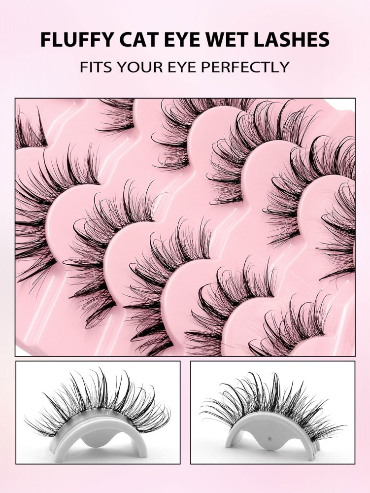 Asiteo 7 Pairs Manga Wispy Natural Wet Look Eyelashes Grafting-Like Effect Faux Mink Lashes Clear Band Y2K Style 3D Fluffy Long Style Cat Eye Natural And Dramatic Eyelash Extensions Makeup Tool
