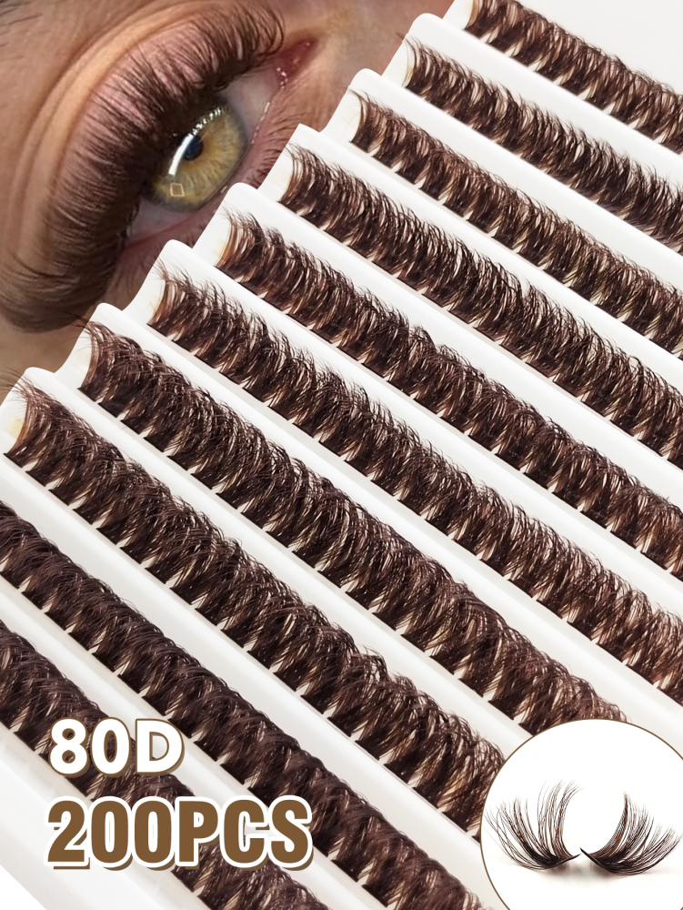 200 PCS D Curl Thick Brown Individual Lash Clusters 80D Mixed Length 9-16mm Lashes Fluffy Natural Look&Soft&Light DIY False Eyelash Extensions For Daily Life&Wedding&Dating&Party&Music Festival