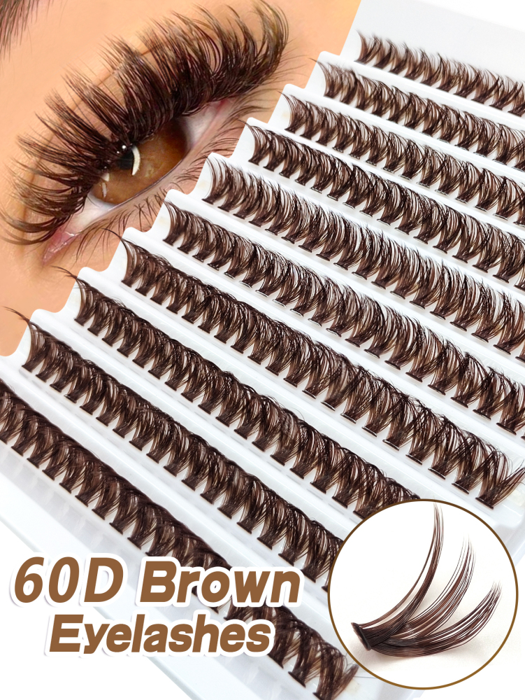 200pcs D-Curl Fluffy 60D Brown False Eyelash Clusters, Thick & Full Coffee Cat Eye Lashes, Natural Brown Single Lashes For DIY Eyelash Extension, Everyday Makeup