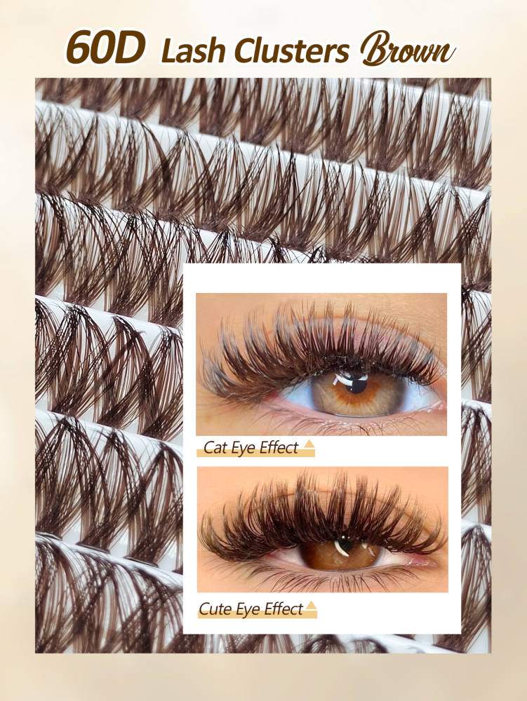 200pcs D-Curl Fluffy 60D Brown False Eyelash Clusters, Thick & Full Coffee Cat Eye Lashes, Natural Brown Single Lashes For DIY Eyelash Extension, Everyday Makeup
