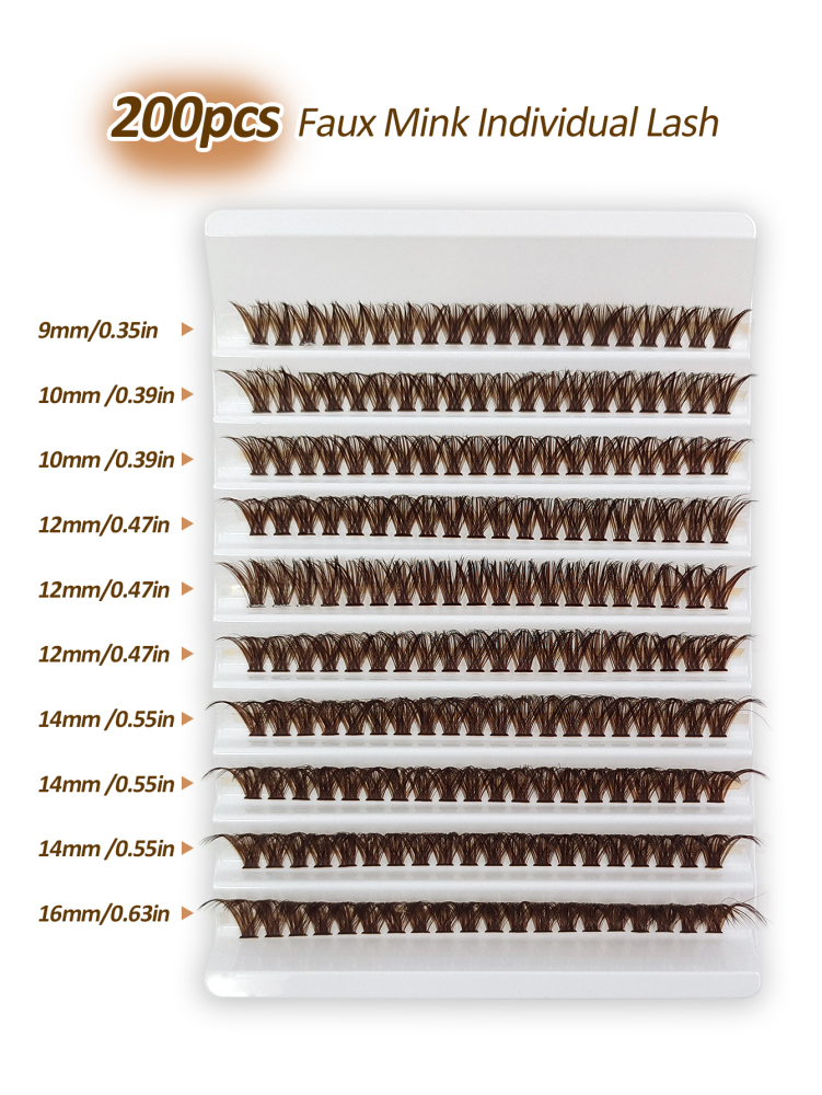 200pcs D-Curl Fluffy 60D Brown False Eyelash Clusters, Thick & Full Coffee Cat Eye Lashes, Natural Brown Single Lashes For DIY Eyelash Extension, Everyday Makeup