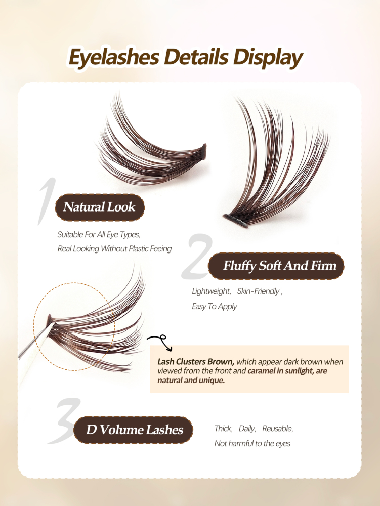 200pcs D-Curl Fluffy 60D Brown False Eyelash Clusters, Thick & Full Coffee Cat Eye Lashes, Natural Brown Single Lashes For DIY Eyelash Extension, Everyday Makeup