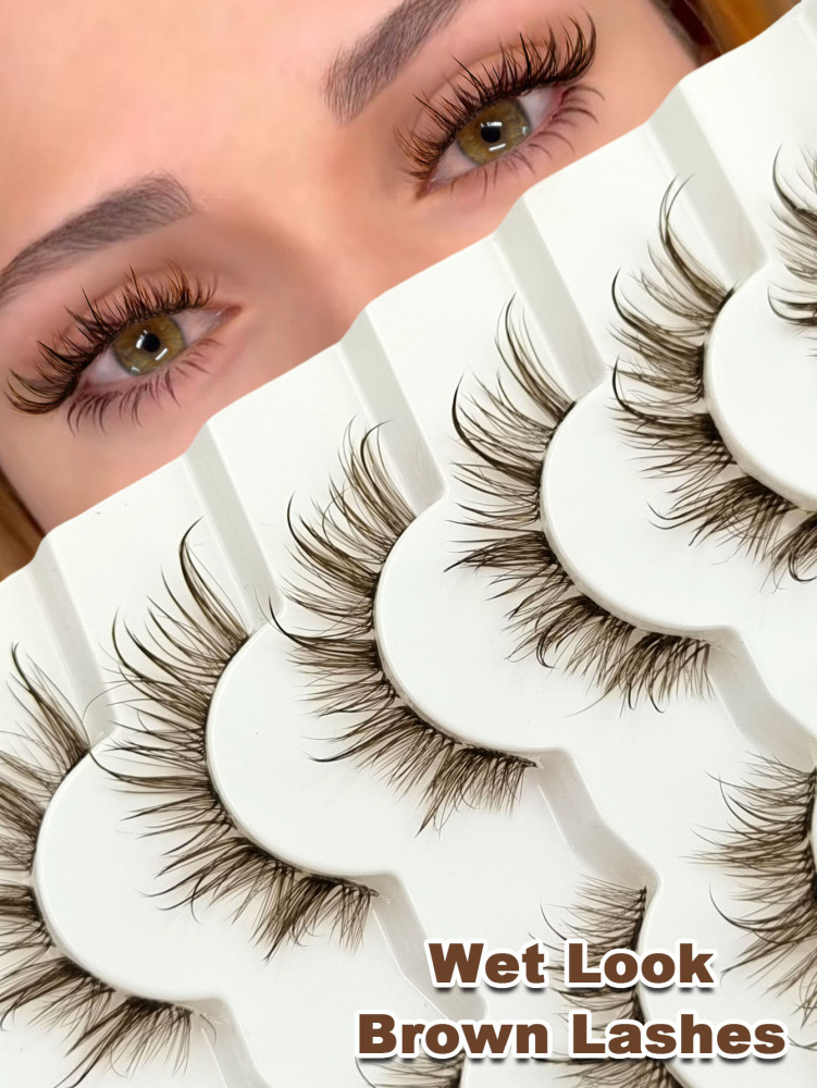 6 Pairs Wet Look Brown Lashes Clear Band Eyelashes Volume Reusable False Lashes Extensions Dramatic Look Curly Wispy Fake Lashes Makeup Tools