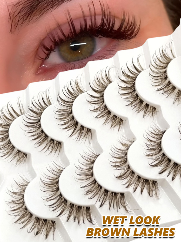 6 Pairs Wet Look Brown Lashes Volume Clear Band Eyelashes Reusable False Lashes Dramatic Look Wispy Fake Lashes Creat Big Glam Eye