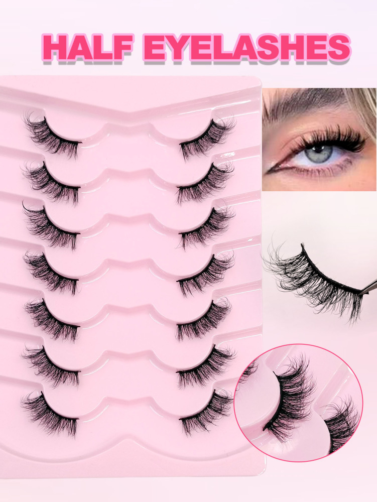Asiteo Half Lashes 7 Pairs Fluffy Soft Faux Mink Lashes Cat Eye Wispy Natural Reusable False Eyelashes Makeup Tools
