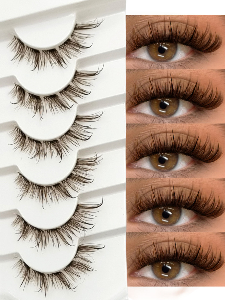 6 Pairs Wet Look Brown Lashes Clear Band Eyelashes Volume Reusable False Lashes Extensions Dramatic Look Curly Wispy Fake Lashes Makeup Tools