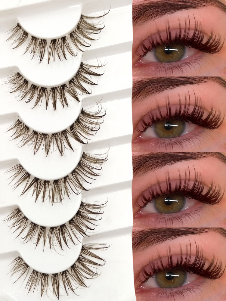 6 Pairs Wet Look Brown Lashes Volume Clear Band Eyelashes Reusable False Lashes Dramatic Look Wispy Fake Lashes Creat Big Glam Eye