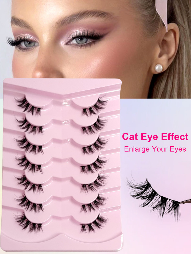 Asiteo 7 Pairs Half Fake Eyelashes Soft Natural Look Cat Eye Lashes Wispy Crossed Fluffy Eyelashes