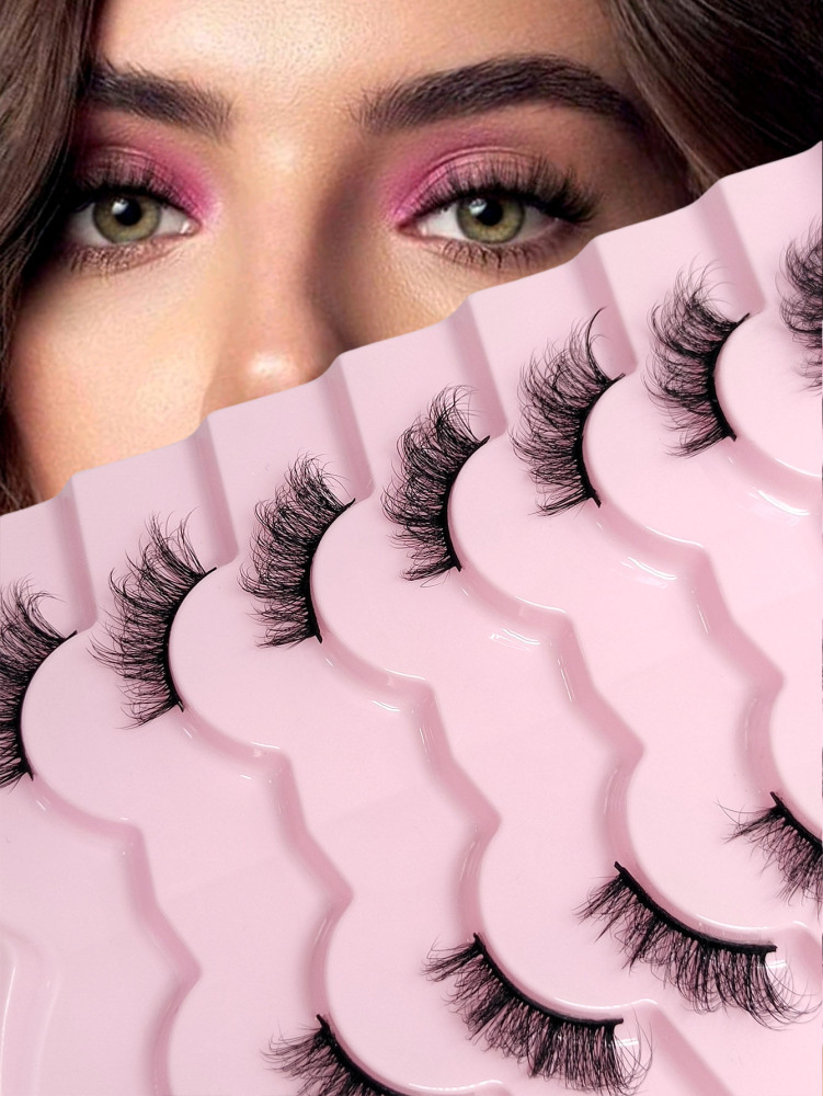 Asiteo Half Lashes 7 Pairs Fluffy Soft Faux Mink Lashes Cat Eye Wispy Natural Reusable False Eyelashes Makeup Tools
