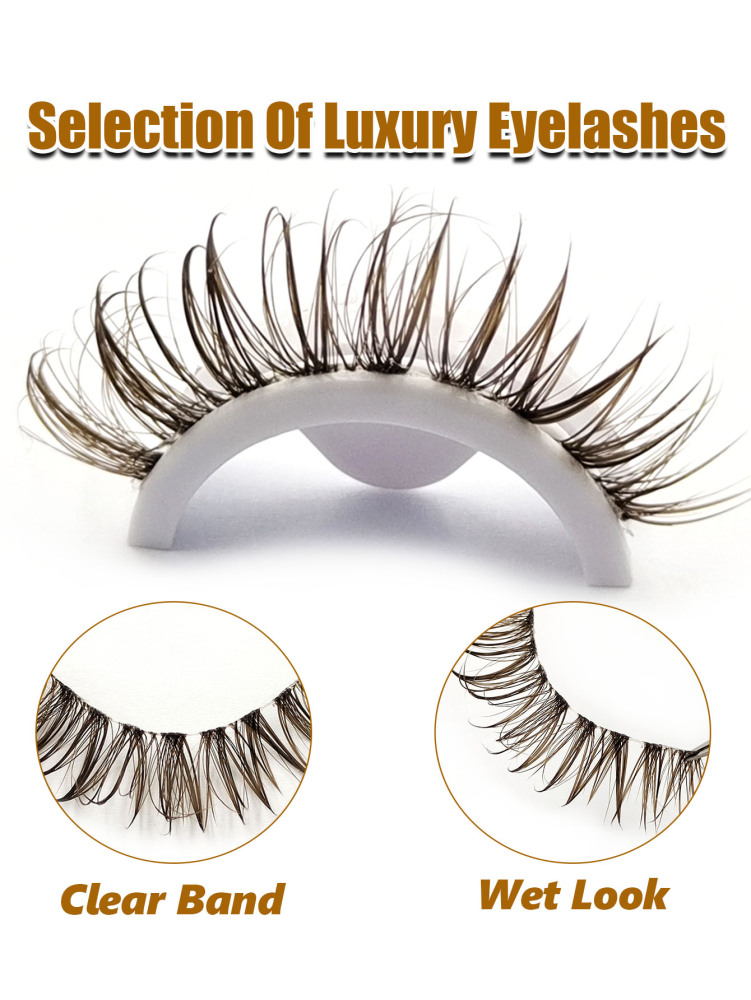 6 Pairs Wet Look Brown Lashes Volume Clear Band Eyelashes Reusable False Lashes Dramatic Look Wispy Fake Lashes Creat Big Glam Eye