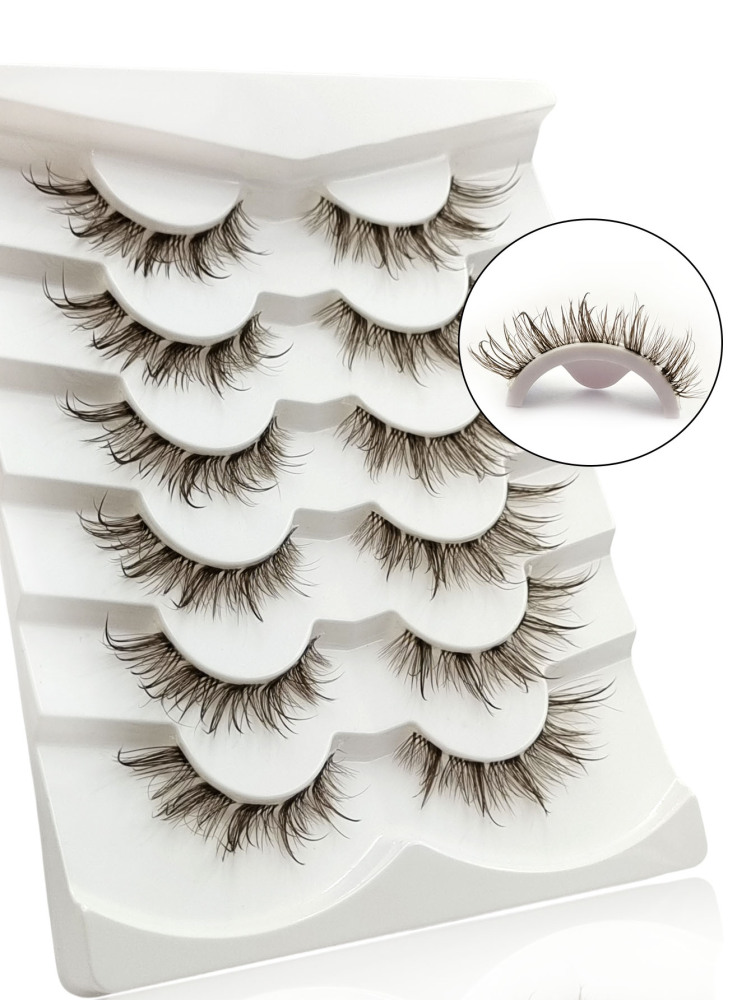 6 Pairs Wet Look Brown Lashes Clear Band Eyelashes Volume Reusable False Lashes Extensions Dramatic Look Curly Wispy Fake Lashes Makeup Tools