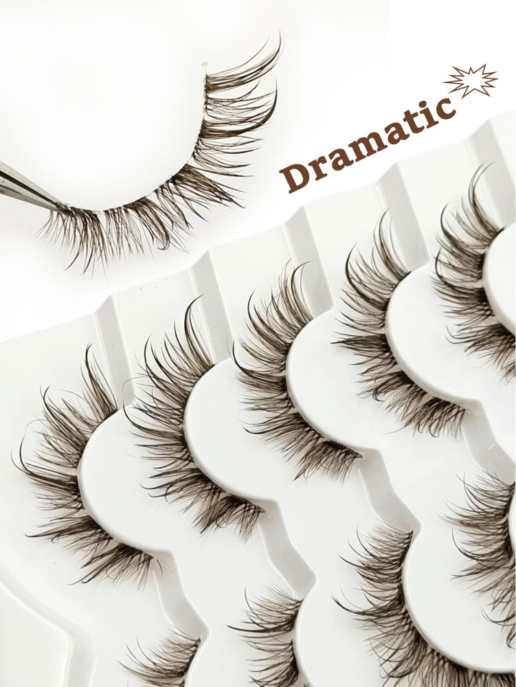 6 Pairs Wet Look Brown Lashes Clear Band Eyelashes Volume Reusable False Lashes Extensions Dramatic Look Curly Wispy Fake Lashes Makeup Tools