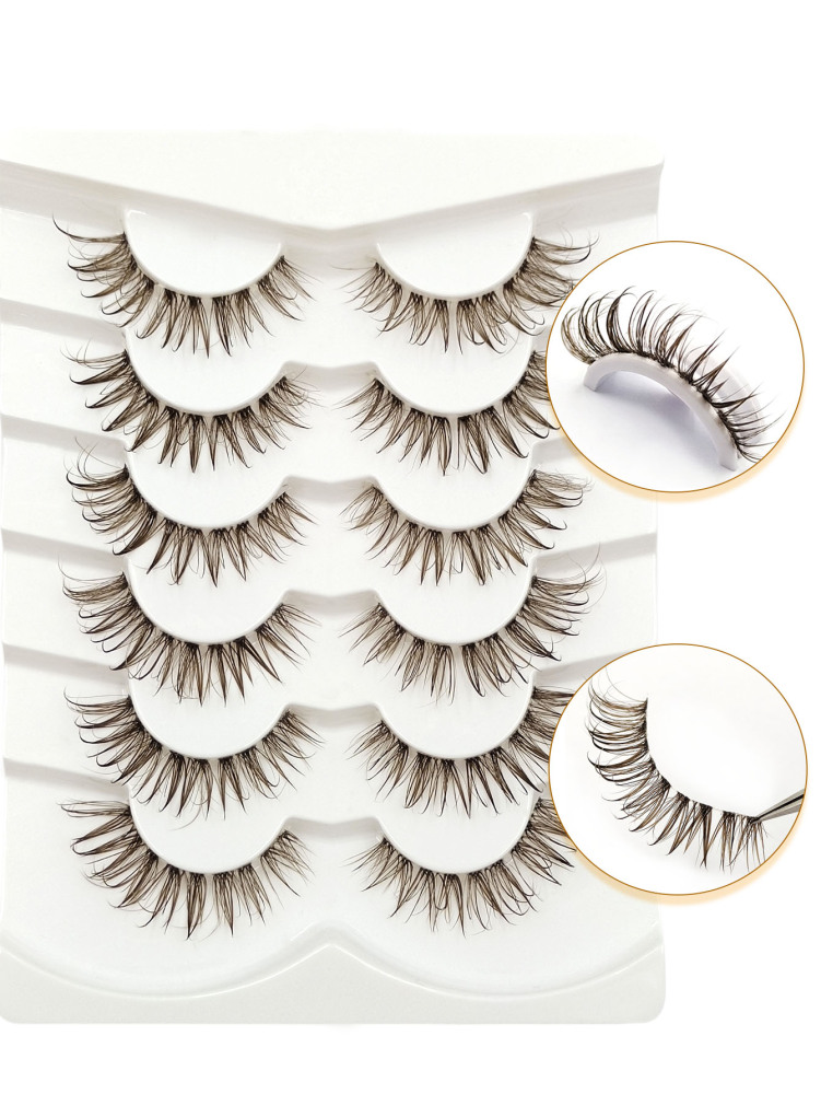 6 Pairs Wet Look Brown Lashes Volume Clear Band Eyelashes Reusable False Lashes Dramatic Look Wispy Fake Lashes Creat Big Glam Eye