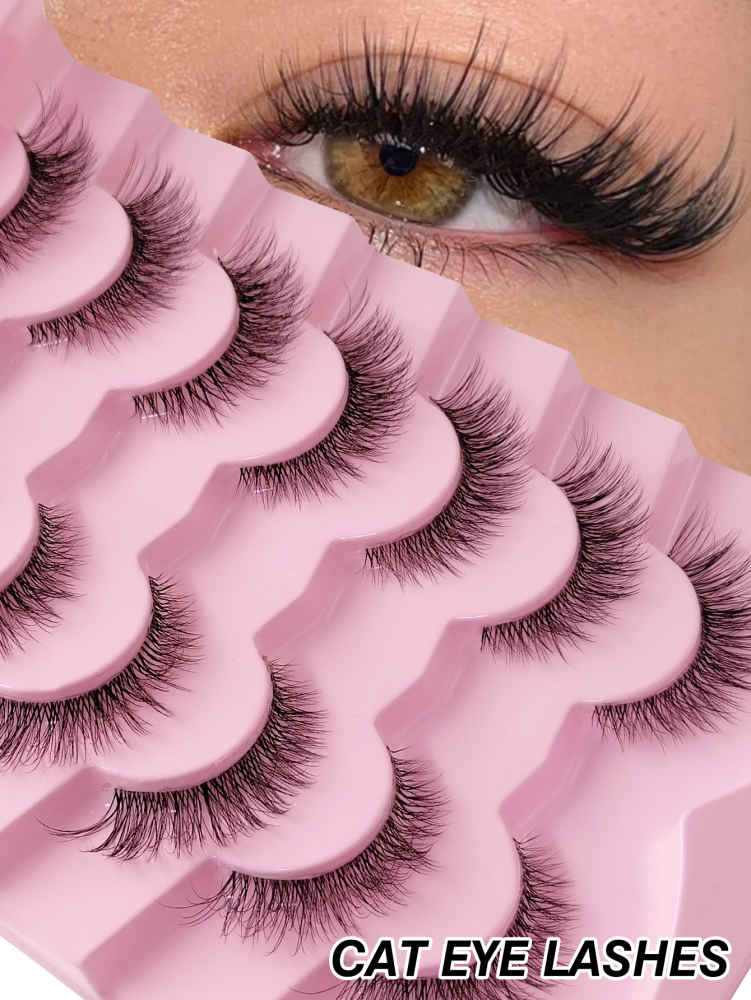 7 Pairs Natural Lashes Cat Eye Lashes Manga Style Lashes Reusable False Eyelashes Faux Mink Eyelashes Natural Long Fluffy Cross End Eye Elongated Eyelashes For Daily Style Eye Makeup