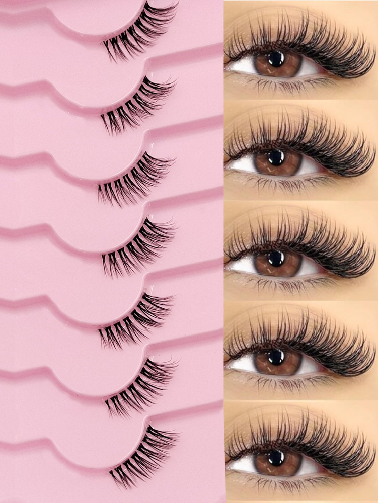 7 Pairs Half Lashes With Clear Band Natural Look Cat Eye Lashes Fluffy Wispy Soft Faux Mink Lashes Natural Makeup，Suitable For Daily Makeup, Beauty Blogger Makeup