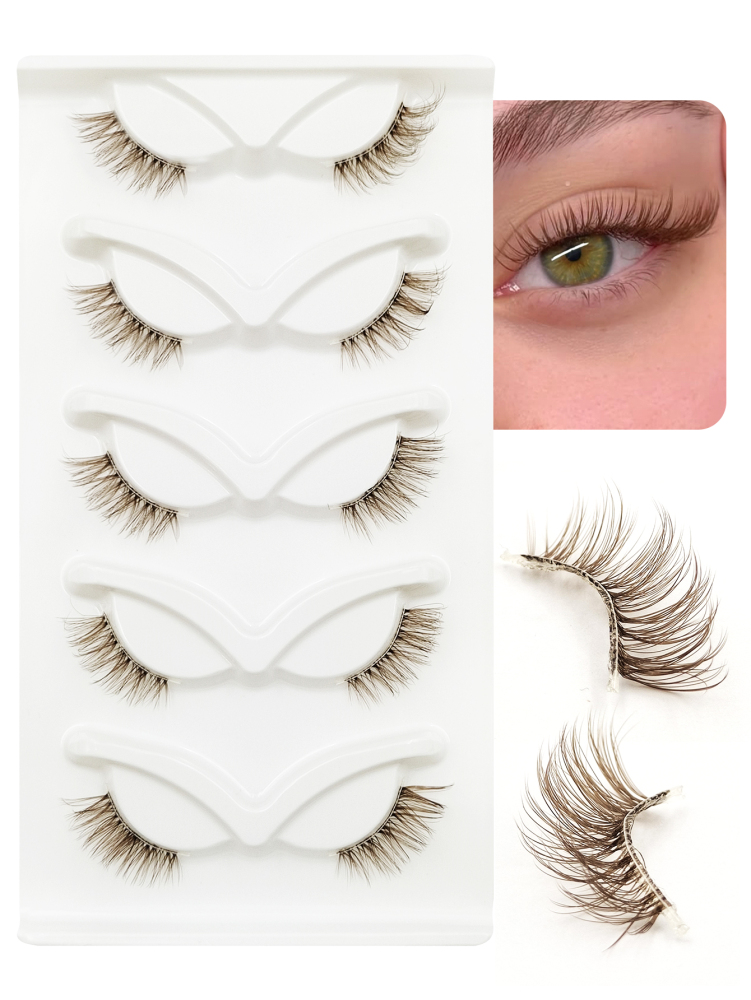 5 Pairs Brown Half Lashes With Clear Band Natural Look Cat Eye Lashes Tail Elongated Eyelashes Fluffy Wispy Soft Faux Mink Lashes Natural Makeup Suitable For Holiday Parties Halloween Christmas False Eyelashes Cat Eye Lashes For Various Occasions
