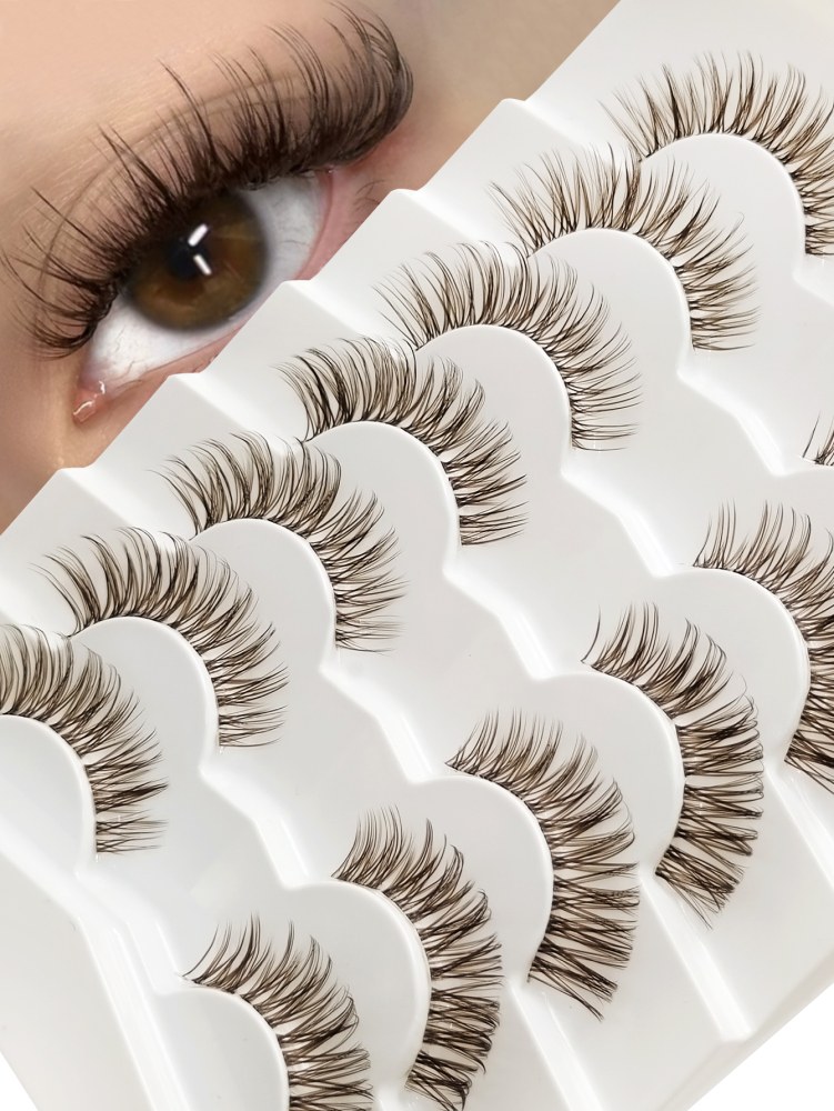 7 Pairs Brown False Lashes End Eye Elongated Clear Band Soft Wispy Crossed Cat Eye Lashes Brown Fox Eye Effect Faux Mink Lashes For Daily Style Eye Makeup