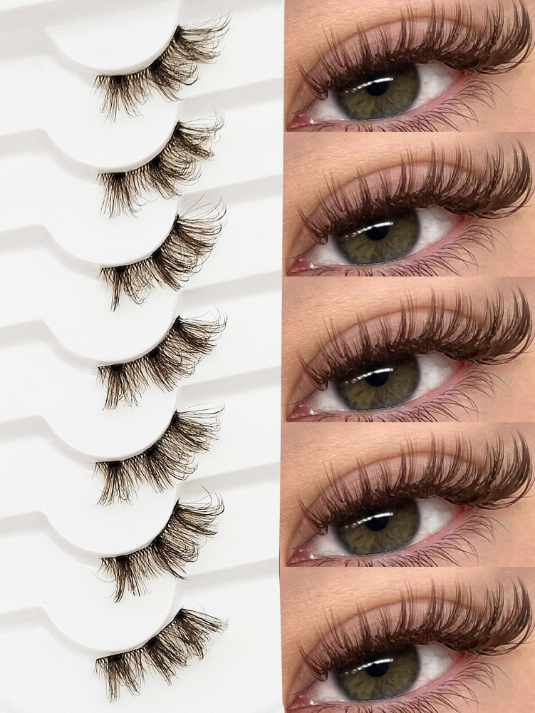 7 Pairs Brown Half Lashes With Clear Band Cat Eye Lashes Tail Elongated Eyelashes Fluffy Wispy Soft Faux Mink Lashes Natural Makeup