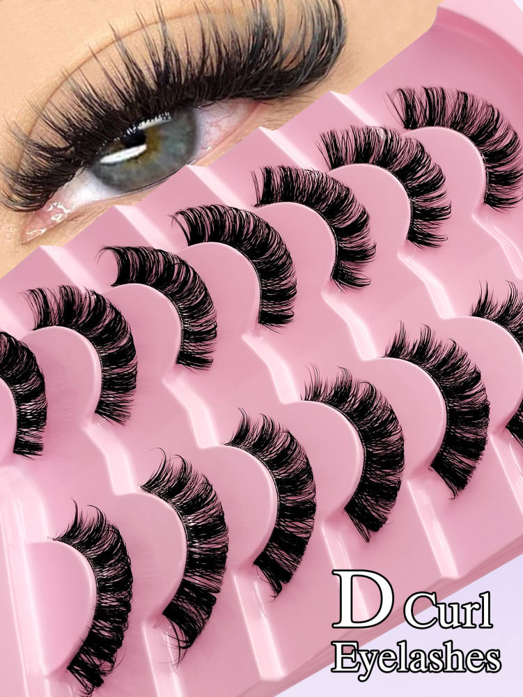 7 Pairs D Curl Russian Strip Lashes Clear Band Wispy Fluffy False Eyelashes Dramatic Cross Eyelashes Makeup For Party&Music Festival&Travel Reusable Volumized Eyelashes Makeup