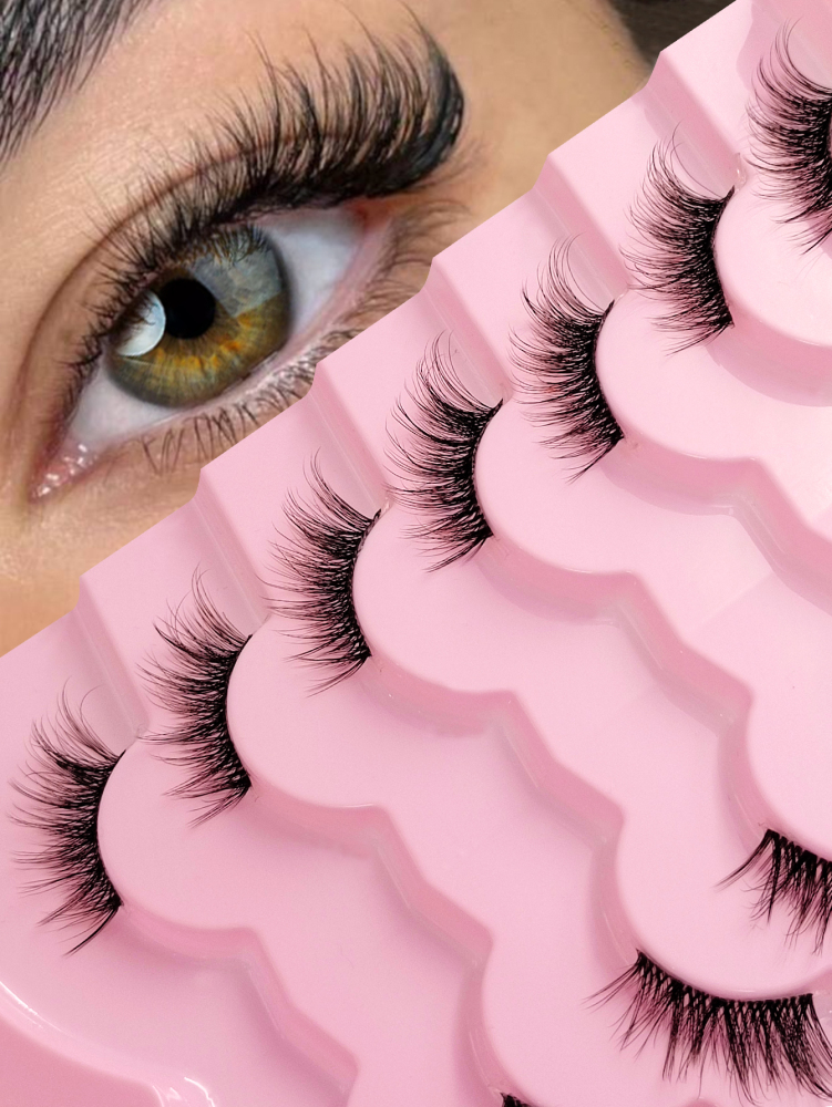 7 Pairs Of Natural Style Clear Band Half Eye Lashes With Brush, Fox Eye Cat Eye Eye Tail Elongation Soft And Light Eyelashes, Suitable For Beginners Easy to Wear Suitable For Daily Dating