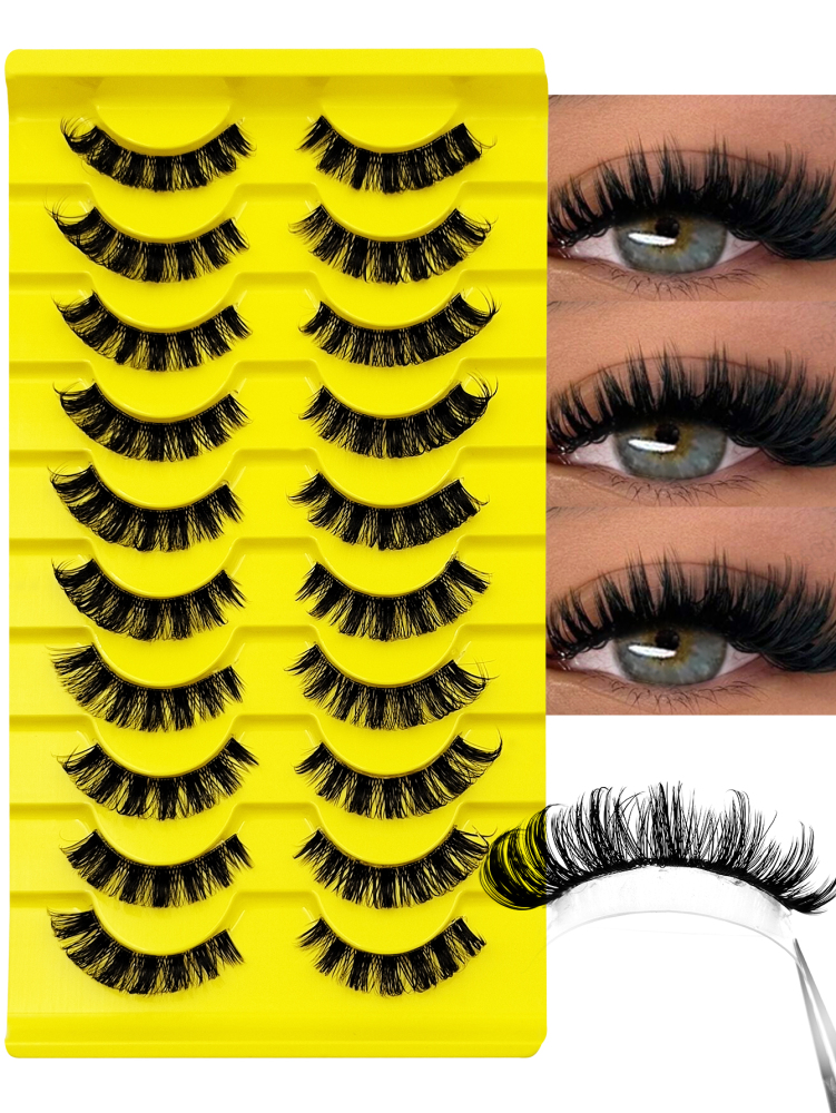 10 Pairs D Curl Russian Strip Lashes Clear Band Volume Thick False Eyelashes Curly Dramatic Full Strip Lashes Suitable For Holiday Parties False Eyelashes Cat Eye Lashes For Various Occasions Makeup