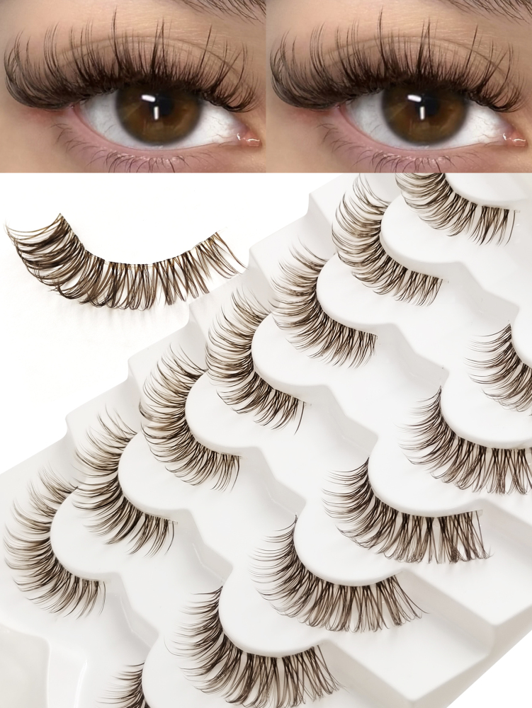 7 Pairs Brown False Lashes End Eye Elongated Clear Band Soft Wispy Crossed Cat Eye Lashes Brown Fox Eye Effect Faux Mink Lashes For Daily Style Eye Makeup