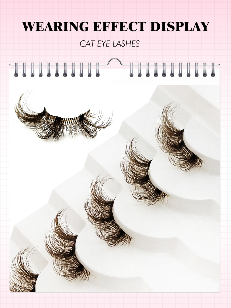 7 Pairs Brown Half Lashes With Clear Band Cat Eye Lashes Tail Elongated Eyelashes Fluffy Wispy Soft Faux Mink Lashes Natural Makeup