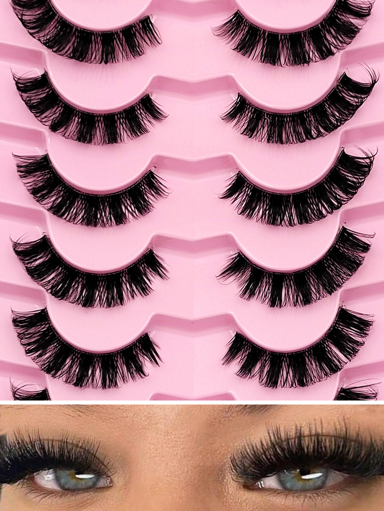 7 Pairs D Curl Russian Strip Lashes Clear Band Wispy Fluffy False Eyelashes Dramatic Cross Eyelashes Makeup For Party&Music Festival&Travel Reusable Volumized Eyelashes Makeup