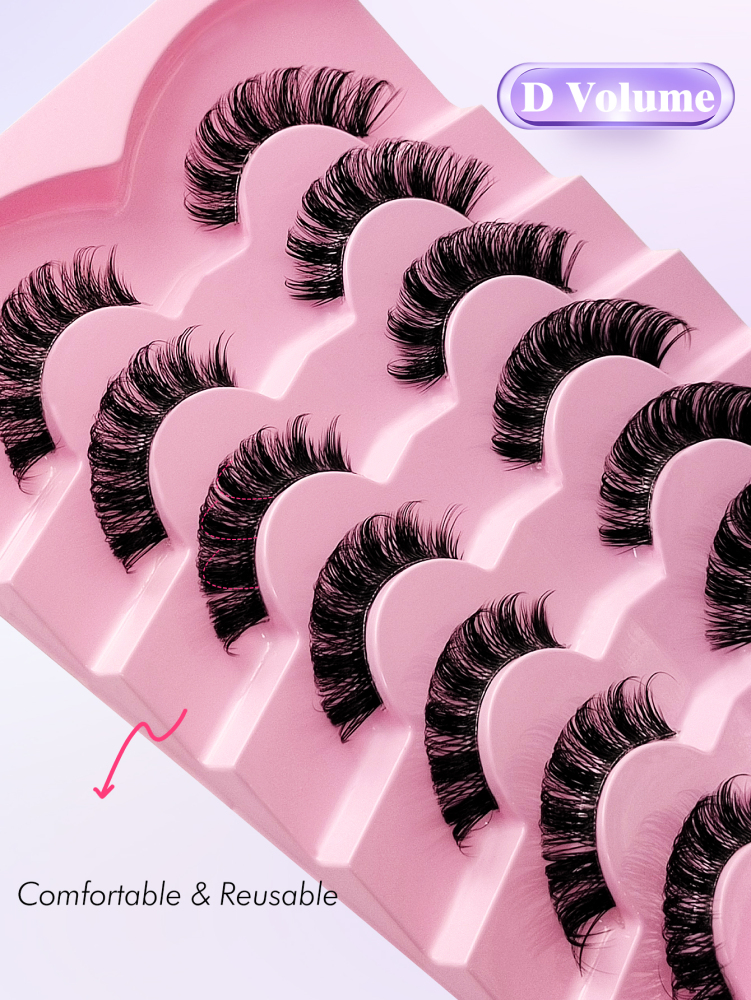 7 Pairs D Curl Russian Strip Lashes Clear Band Wispy Fluffy False Eyelashes Dramatic Cross Eyelashes Makeup For Party&Music Festival&Travel Reusable Volumized Eyelashes Makeup