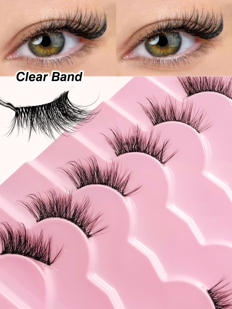 7 Pairs Of Natural Style Clear Band Half Eye Lashes With Brush, Fox Eye Cat Eye Eye Tail Elongation Soft And Light Eyelashes, Suitable For Beginners Easy to Wear Suitable For Daily Dating