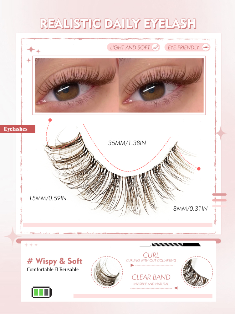 6 Pairs Brown Lashes New Cat Eye Lashes Natural long Clear Band Lashes Winged End Eye Elongated Eyelashes Faux Mink Eyelashes Makeup