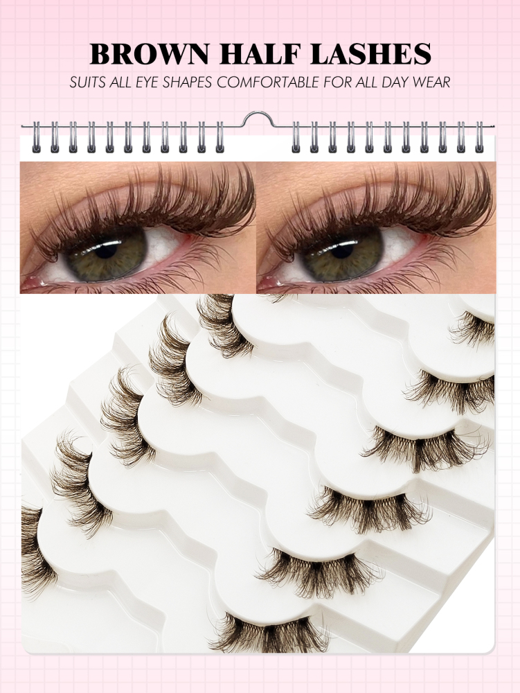 7 Pairs Brown Half Lashes With Clear Band Cat Eye Lashes Tail Elongated Eyelashes Fluffy Wispy Soft Faux Mink Lashes Natural Makeup