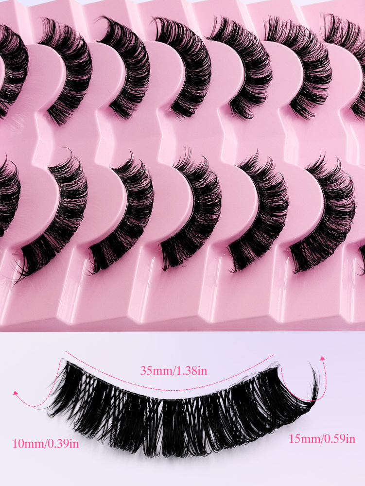 7 Pairs D Curl Russian Strip Lashes Clear Band Wispy Fluffy False Eyelashes Dramatic Cross Eyelashes Makeup For Party&Music Festival&Travel Reusable Volumized Eyelashes Makeup