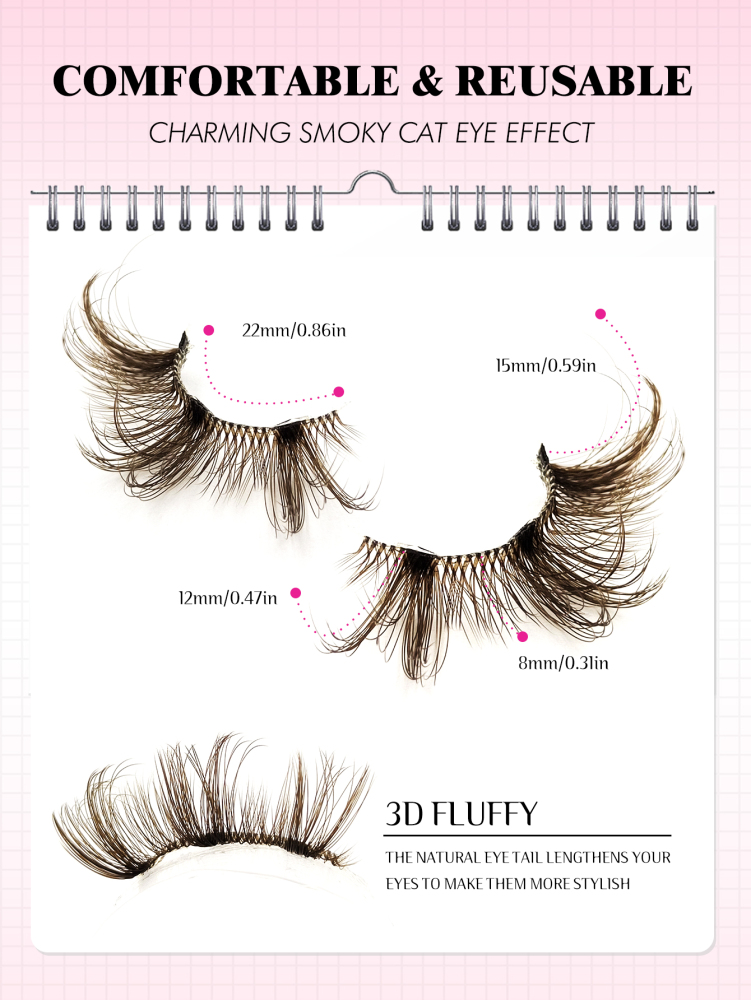 7 Pairs Brown Half Lashes With Clear Band Cat Eye Lashes Tail Elongated Eyelashes Fluffy Wispy Soft Faux Mink Lashes Natural Makeup