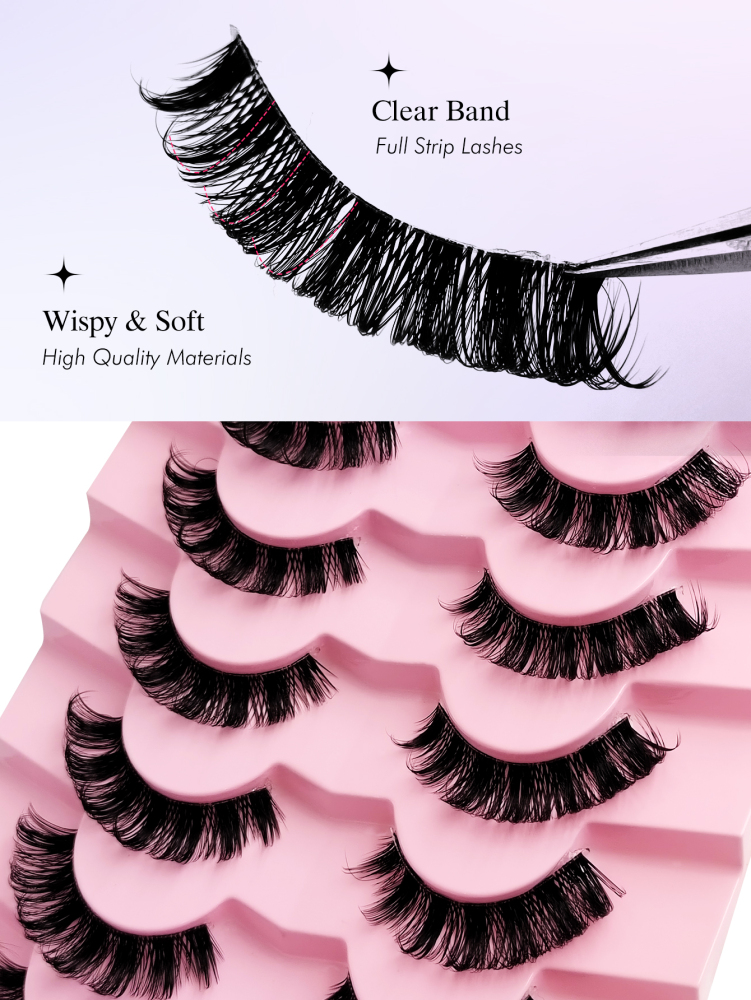 7 Pairs D Curl Russian Strip Lashes Clear Band Wispy Fluffy False Eyelashes Dramatic Cross Eyelashes Makeup For Party&Music Festival&Travel Reusable Volumized Eyelashes Makeup