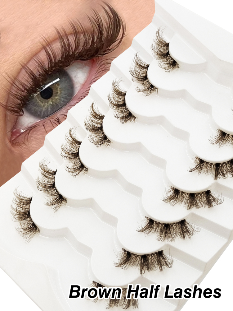 7 Pairs Brown Half Lashes With Clear Band Cat Eye Lashes Tail Elongated Eyelashes Fluffy Wispy Soft Faux Mink Lashes Natural Makeup