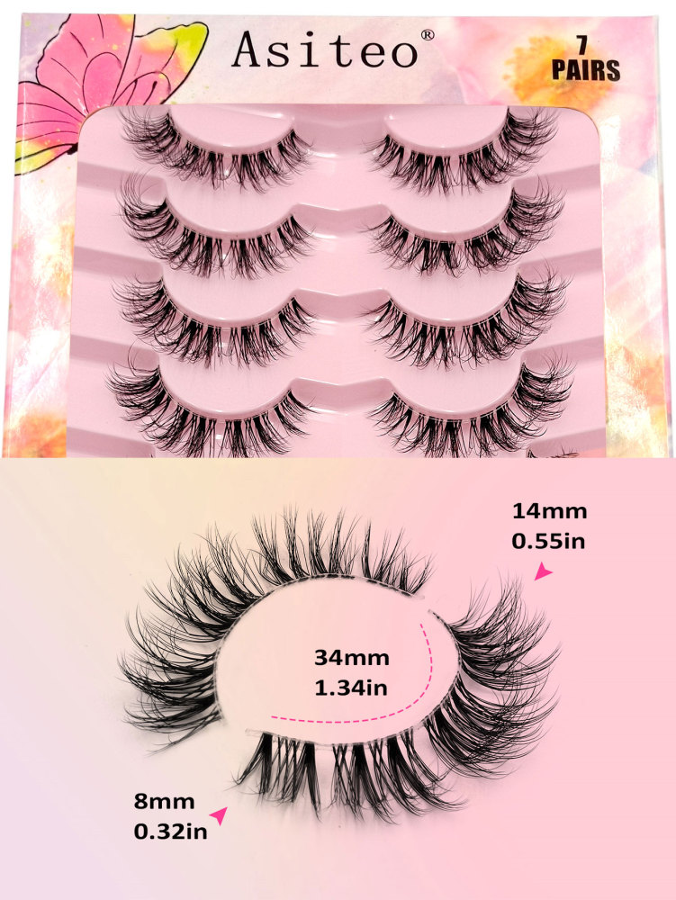 Asiteo 7 Pairs Messy Natural Cat Eye Lashes Clear Band Lashes Cat Eye Look Wispy Lashes Eye End Elongated Full Strip Soft Natural Realistic False Eyelashes