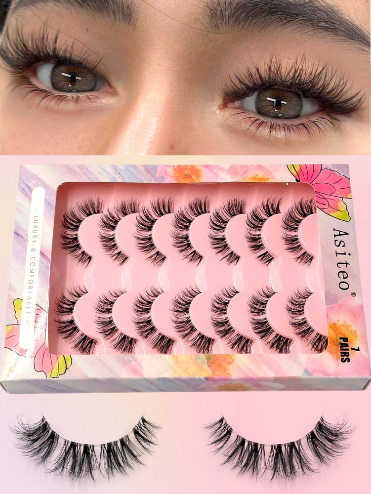 Asiteo 7 Pairs Messy Natural Cat Eye Lashes Clear Band Lashes Cat Eye Look Wispy Lashes Eye End Elongated Full Strip Soft Natural Realistic False Eyelashes