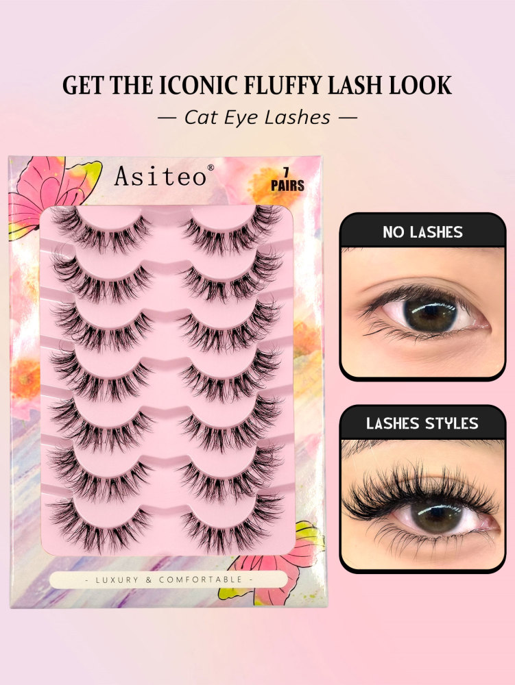 Asiteo 7 Pairs Messy Natural Cat Eye Lashes Clear Band Lashes Cat Eye Look Wispy Lashes Eye End Elongated Full Strip Soft Natural Realistic False Eyelashes