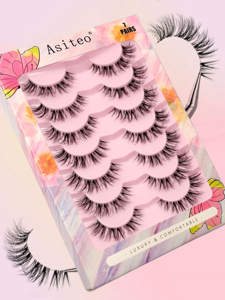 Asiteo 7 Pairs Messy Natural Cat Eye Lashes Clear Band Lashes Cat Eye Look Wispy Lashes Eye End Elongated Full Strip Soft Natural Realistic False Eyelashes