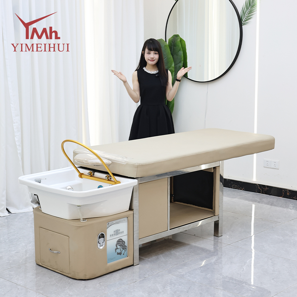 Luxury Beige PU Leather Shampoo Chair Modern Salon Head Spa Bed with Built in Water System