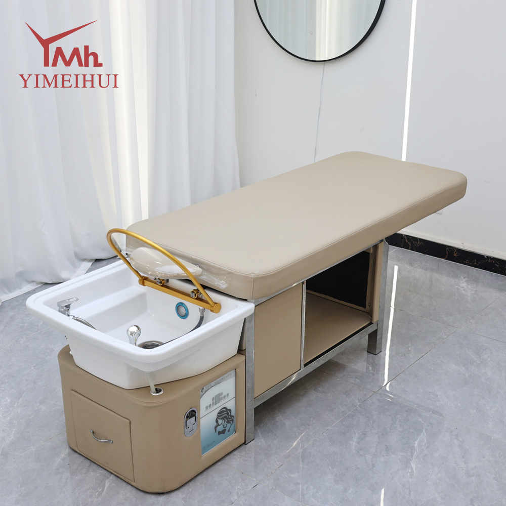 Luxury Beige PU Leather Shampoo Chair Modern Salon Head Spa Bed with Built in Water System