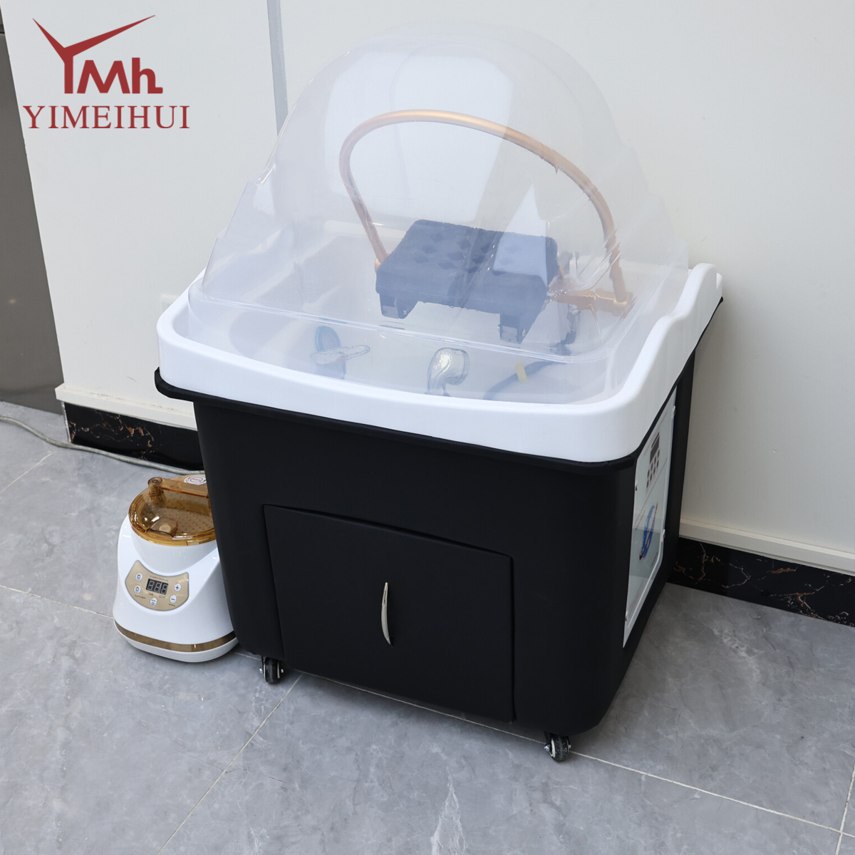 Luxury Black Gold Portable Mobile Head Spa Shampoo Basin with Storage & Wheels