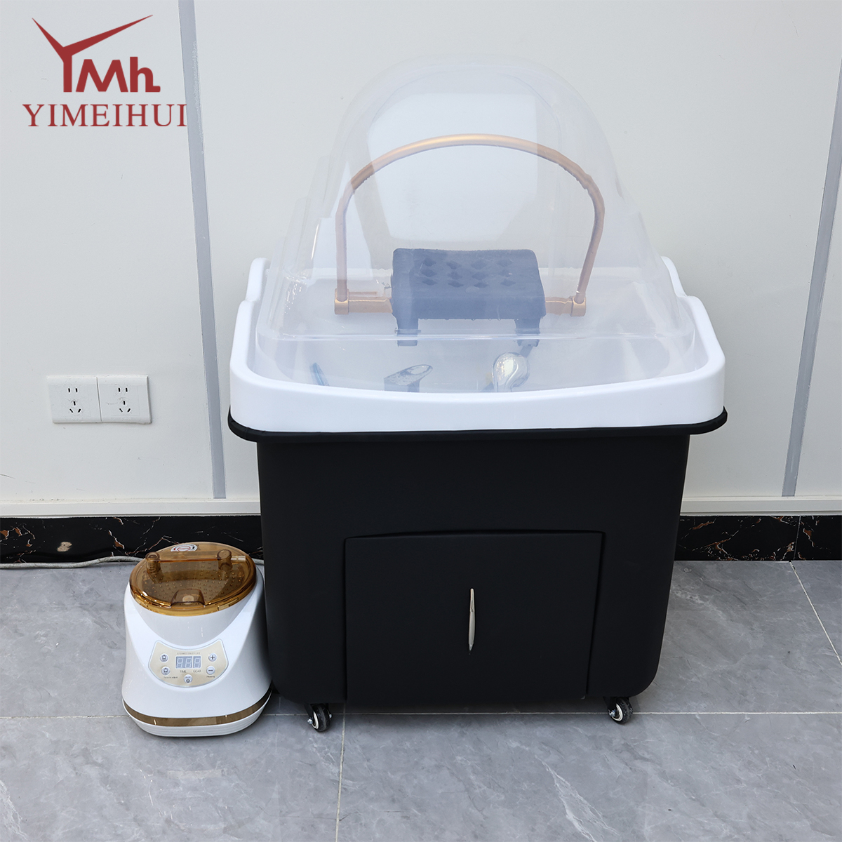 Luxury Black Gold Portable Mobile Head Spa Shampoo Basin with Storage & Wheels