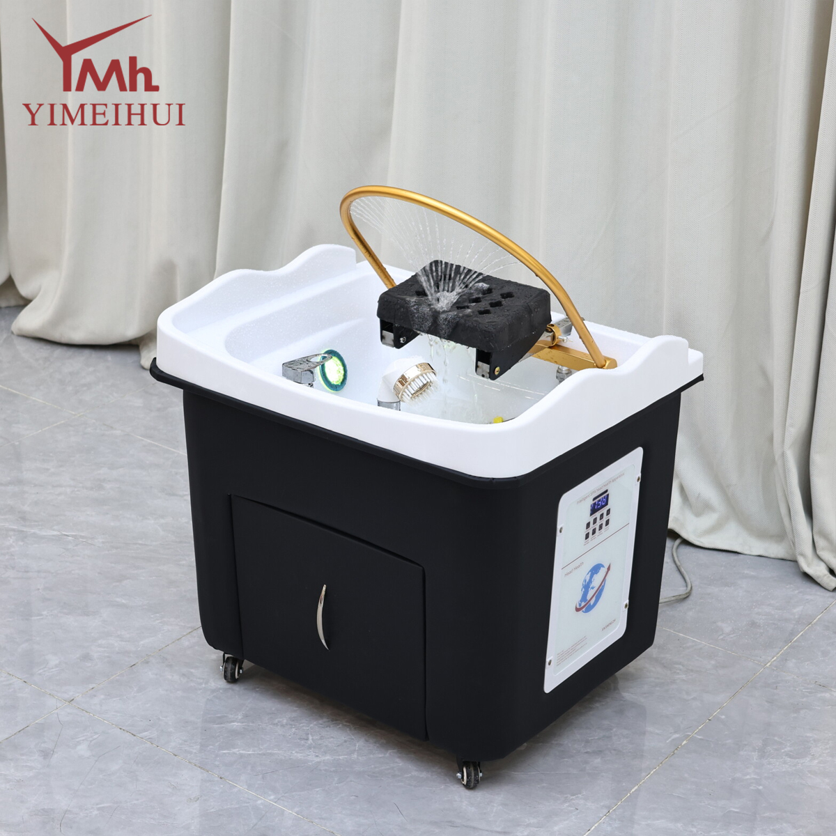 Luxury Black Gold Portable Mobile Head Spa Shampoo Basin with Storage & Wheels