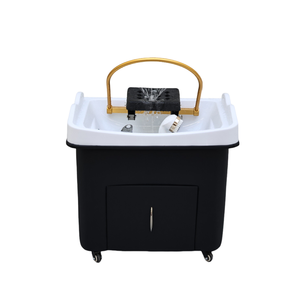 Luxury Black Gold Portable Mobile Head Spa Shampoo Basin with Storage & Wheels